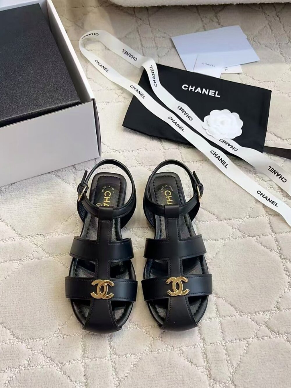CHANEL Black Leather T-Strap Slingback Sandals